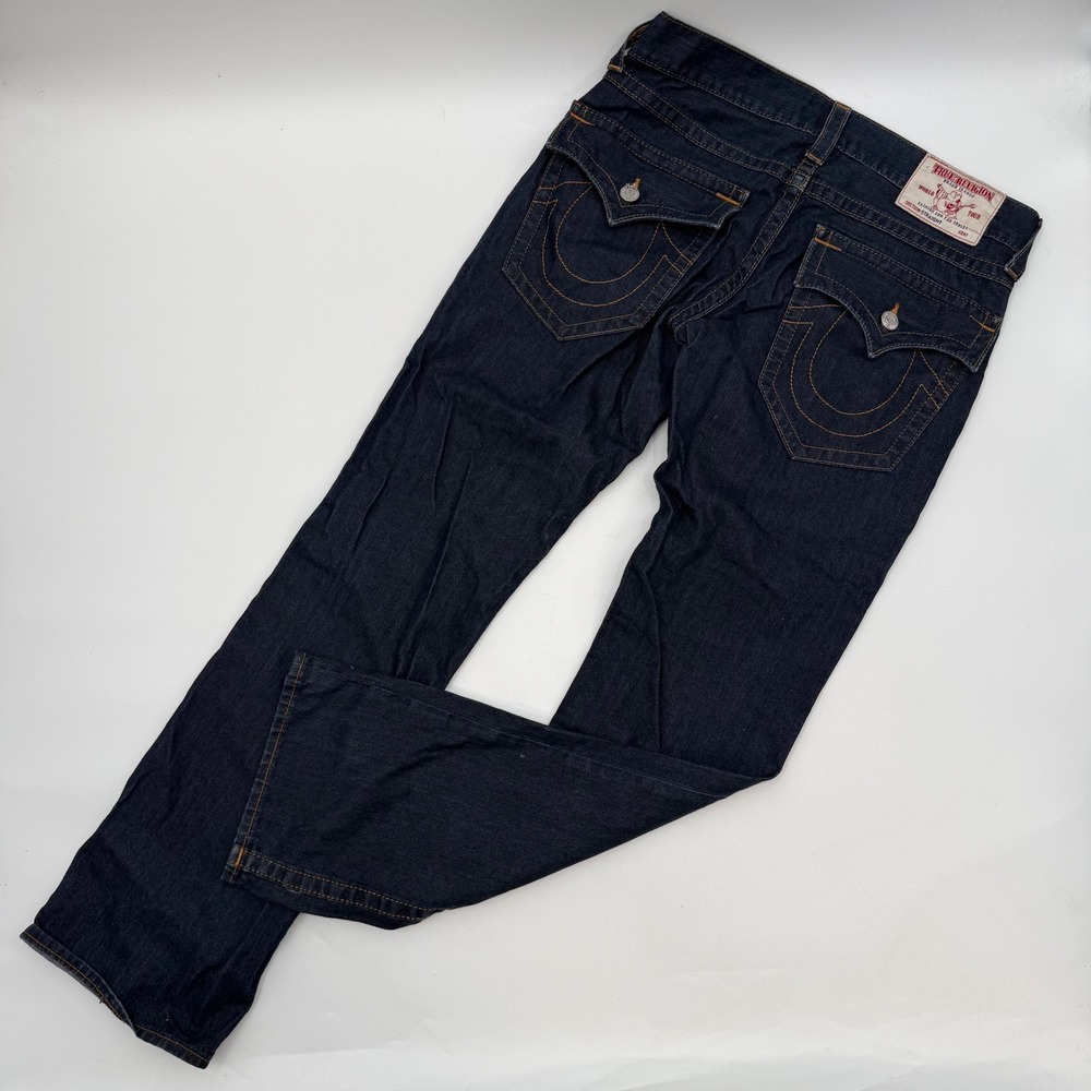 True Religion Mens 33 Straight Jeans Dark Wash Flap Pocket Horseshoe Stitch